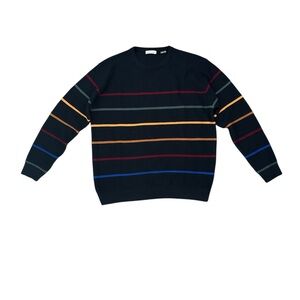 Men's Crewneck Sweater - Black with Multicolor Stripes